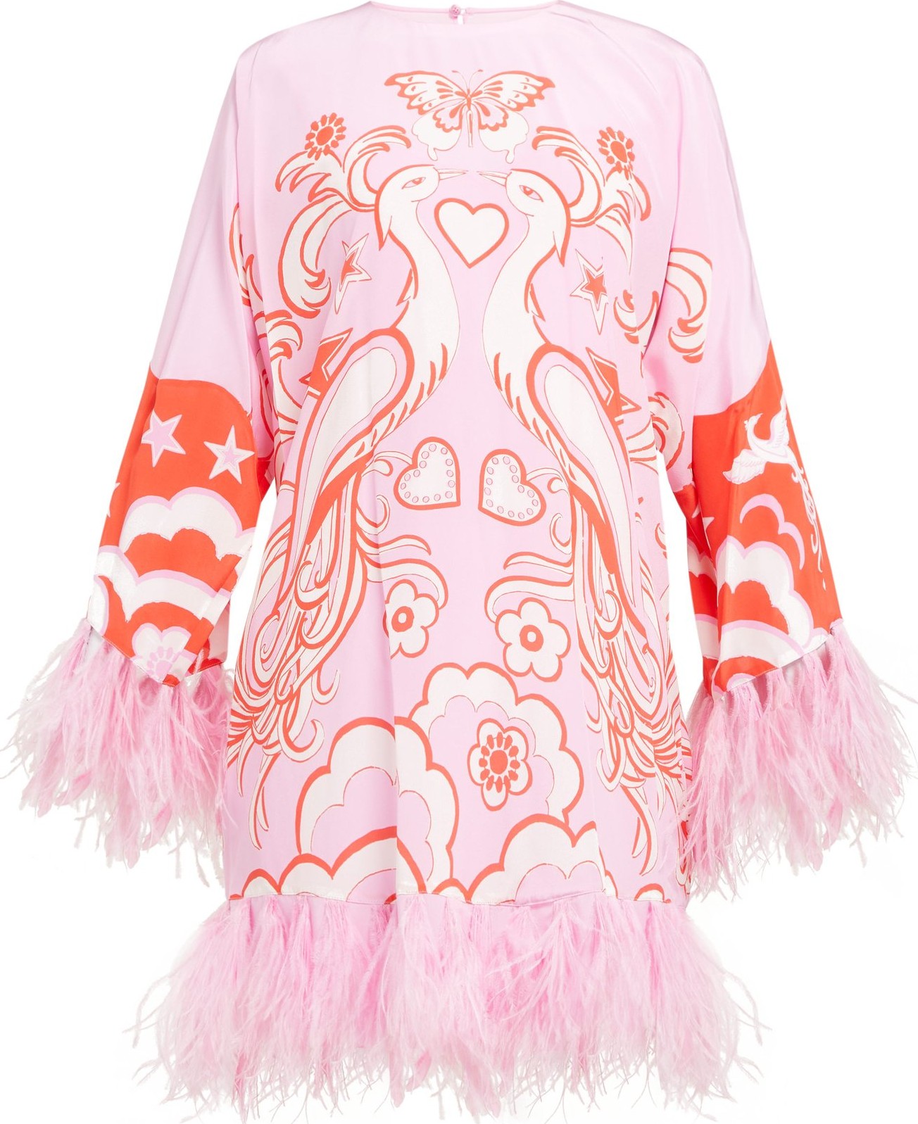 Valentino Peacock-print feather-trimmed silk dress