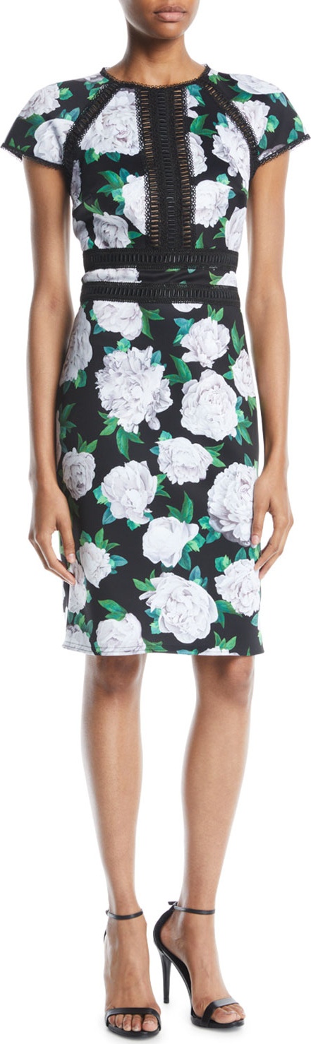 Tadashi Shoji Cap-Sleeve Floral Sheath Dress w/ Lace Insert at Front