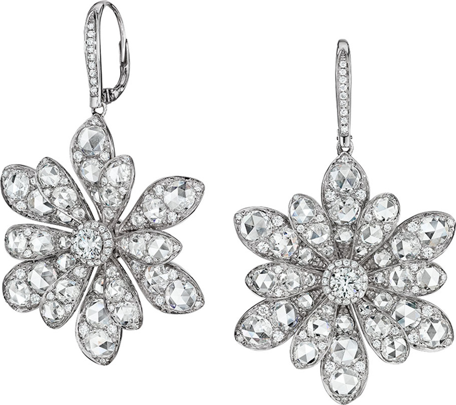 Maria Canale 18k White Gold Round and Rose-Cut Diamond Flower Drop Earrings