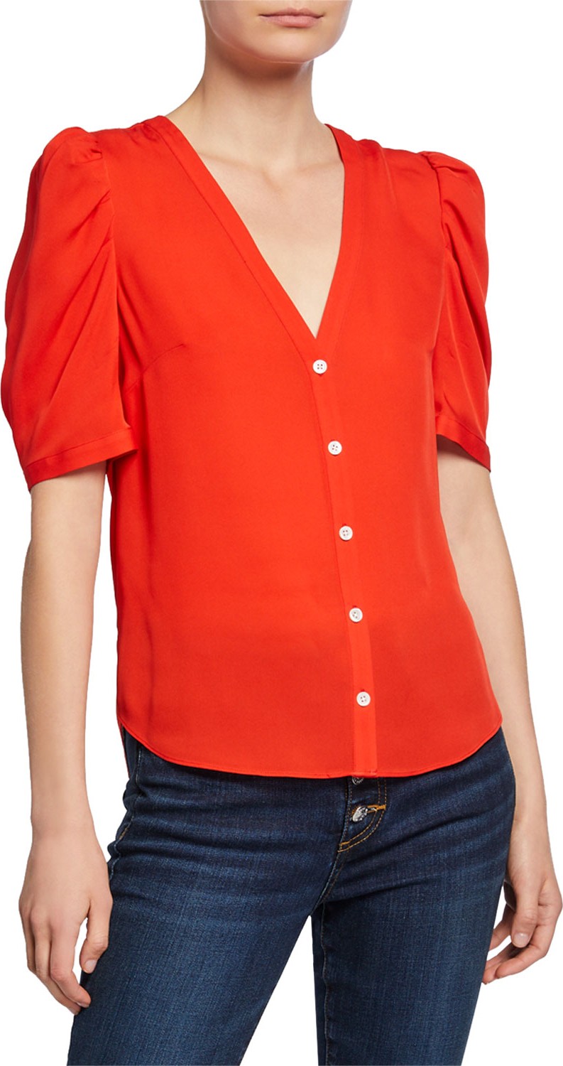 Veronica Beard Garland V-Neck Button-Front Silk Blouse