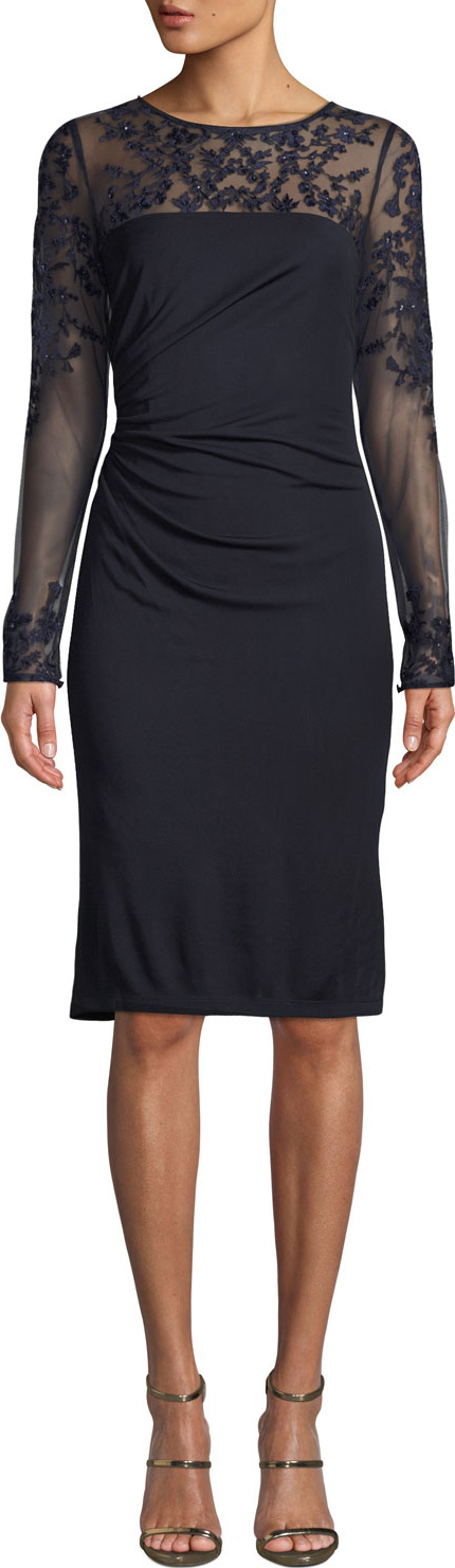 David Meister Tattoo Sheer Long-Sleeve Ruched Dress