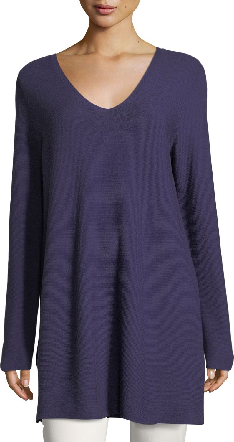 Eileen Fisher Crisp Cotton Links Long-Sleeve V-Neck Tunic