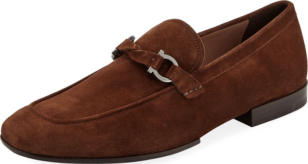 Salvatore Ferragamo Men's Barry Suede Rubber-Sole Gancini Loafer, Brown