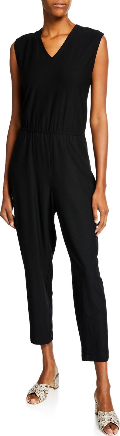 Eileen Fisher Washable Crepe V-Neck Sleeveless Straight-Leg Jumpsuit