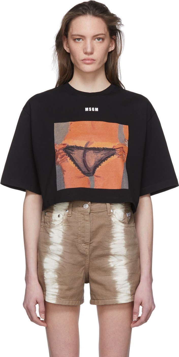 MSGM Black Graphic Cropped T-Shirt