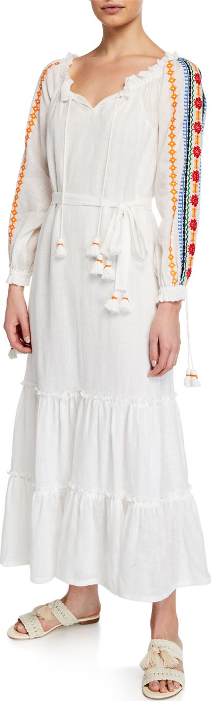 Tory Burch Embroidered Split-Neck Long-Sleeve Peasant Dress