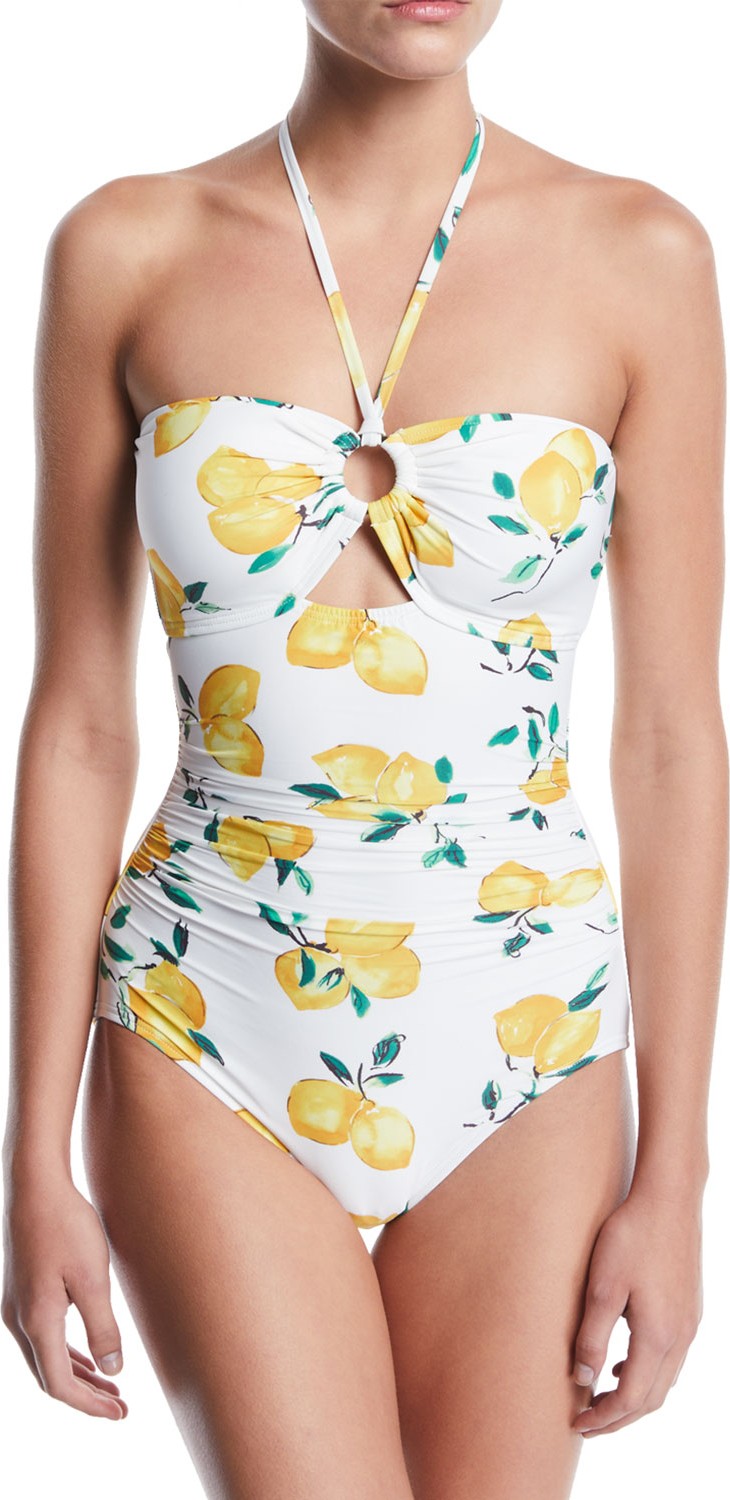Kate Spade New York lemon-print bandeau halter one-piece swimsuit