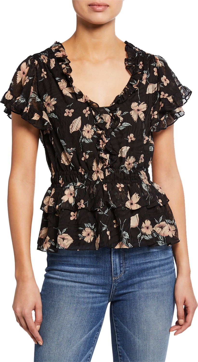 Rebecca Taylor Daniella Floral-Print V-Neck Short-Sleeve Ruffle Top