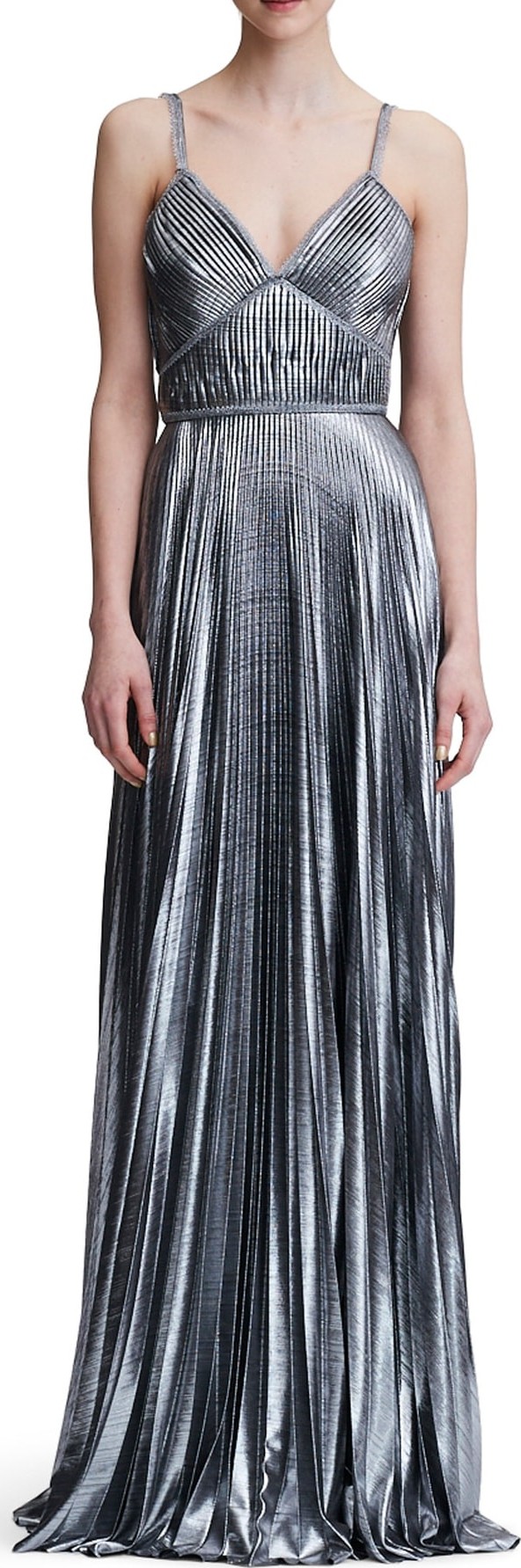 Marchesa Notte Pleated Lamé A-Line Gown