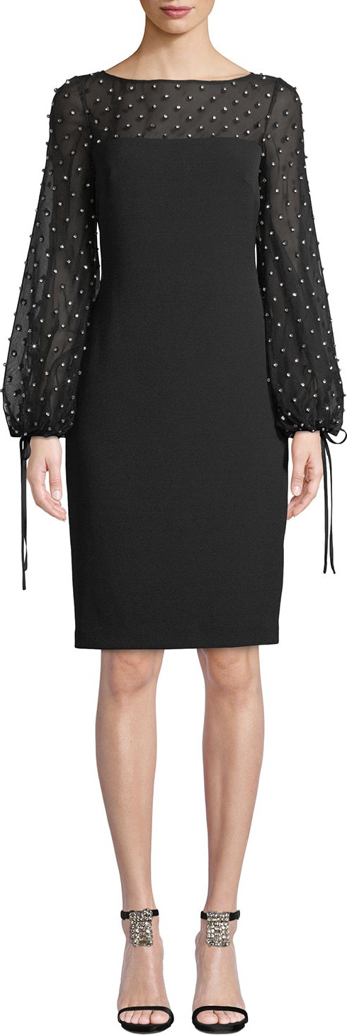 Badgley Mischka Crystal-Trim Balloon-Sleeve Sheath Cocktail Dress
