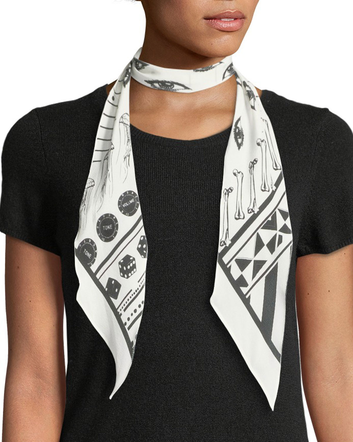 Rockins Eye-Print Super Skinny Silk Scarf, Ivory