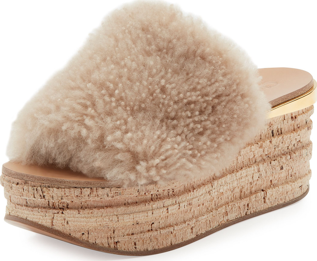 Chloe Camille Shearling Fur Platform Slide Sandals, Sand
