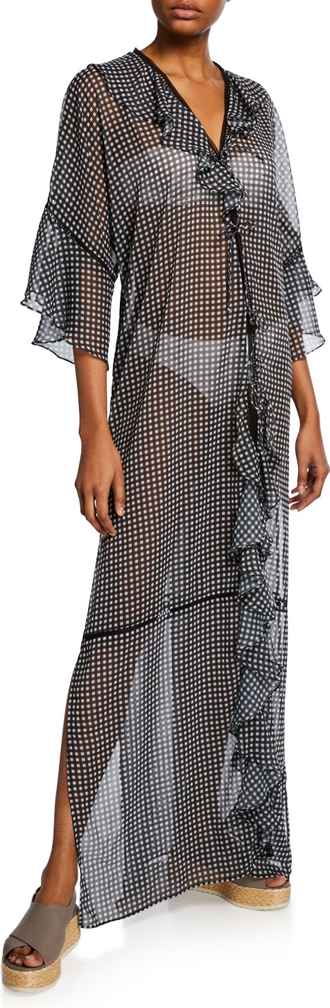 Jonathan Simkhai Gingham Ruffle Long Coverup Robe