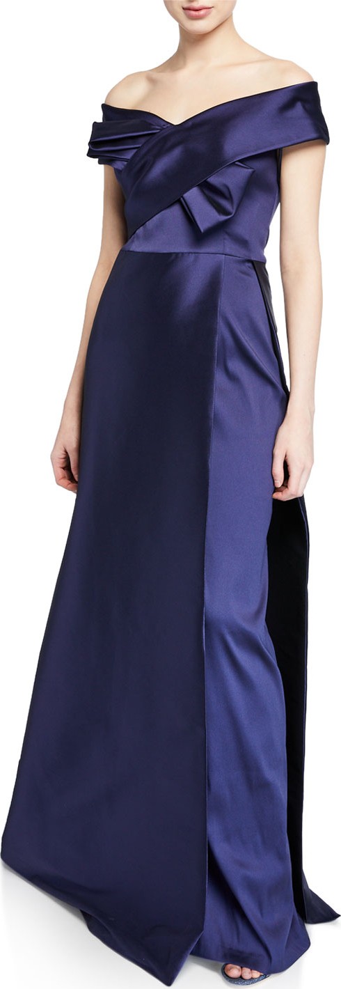 Rickie Freeman for Teri Jon Off-the-Shoulder Short-Sleeve Mikado Evening Gown