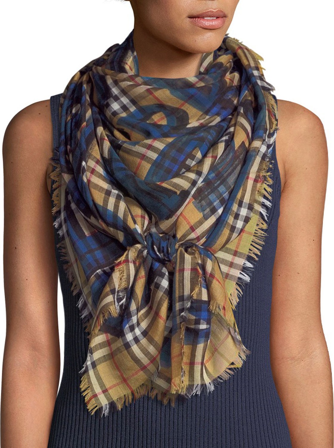 Burberry London England Graffiti-Print Check Wool-Silk Square Scarf