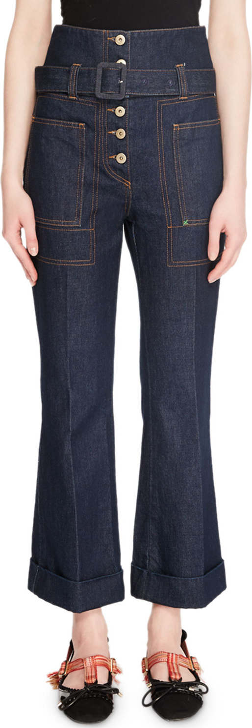 Carven Belted High-Rise Flare-Leg Denim Trousers