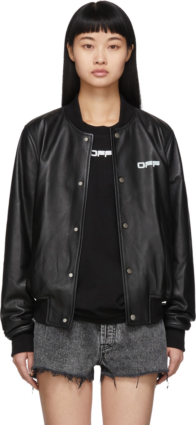 Off White Black Leather Arrows Bomber Jacket