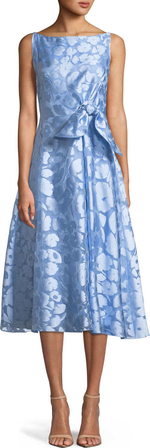 Lela Rose Sleeveless Boat-Neck Bow-Front Fit-and-Flare Jacquard Dress
