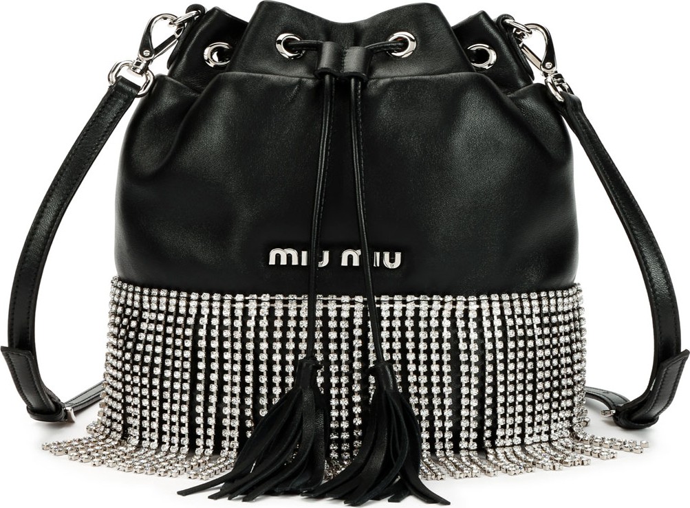 Miu Miu Small Crystal Fringe Napa Drawstring Bucket Bag