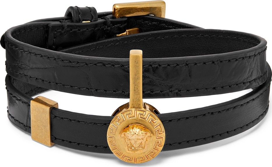 Versace Croc-Effect Leather and Gold-Tone Wrap Bracelet