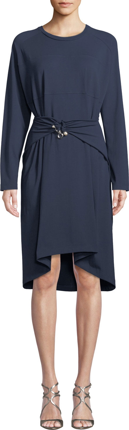 Carven Belted Long-Sleeve Crewneck Dress
