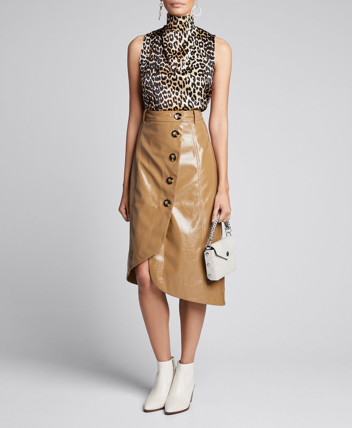 Ganni Patent Faux-Leather Asymmetric Button-Front Skirt