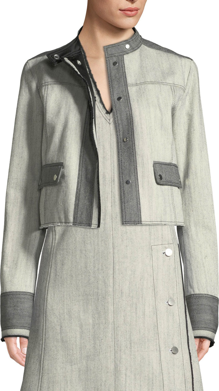 Derek Lam Bicolor Snap-Front Cropped Denim Jacket
