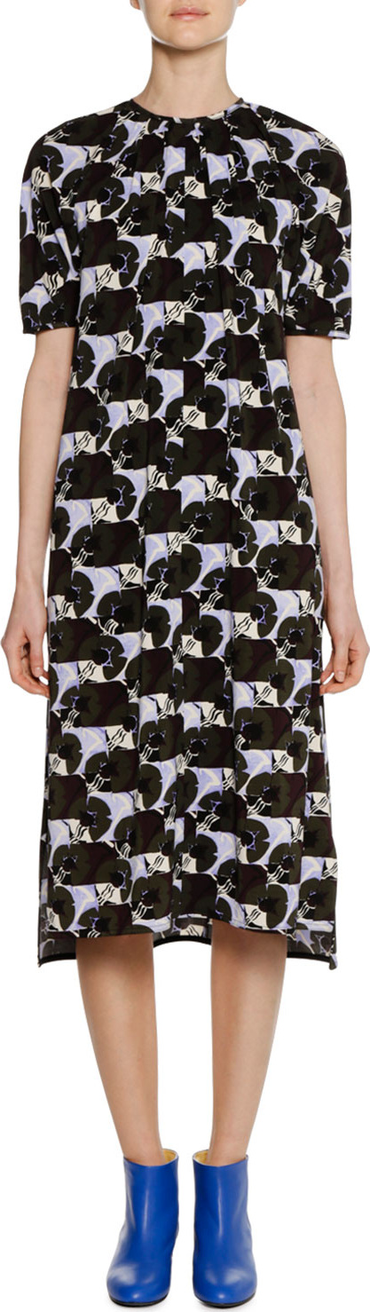 Marni Short-Sleeve A-Line Printed Midi Dress w/ Pleating