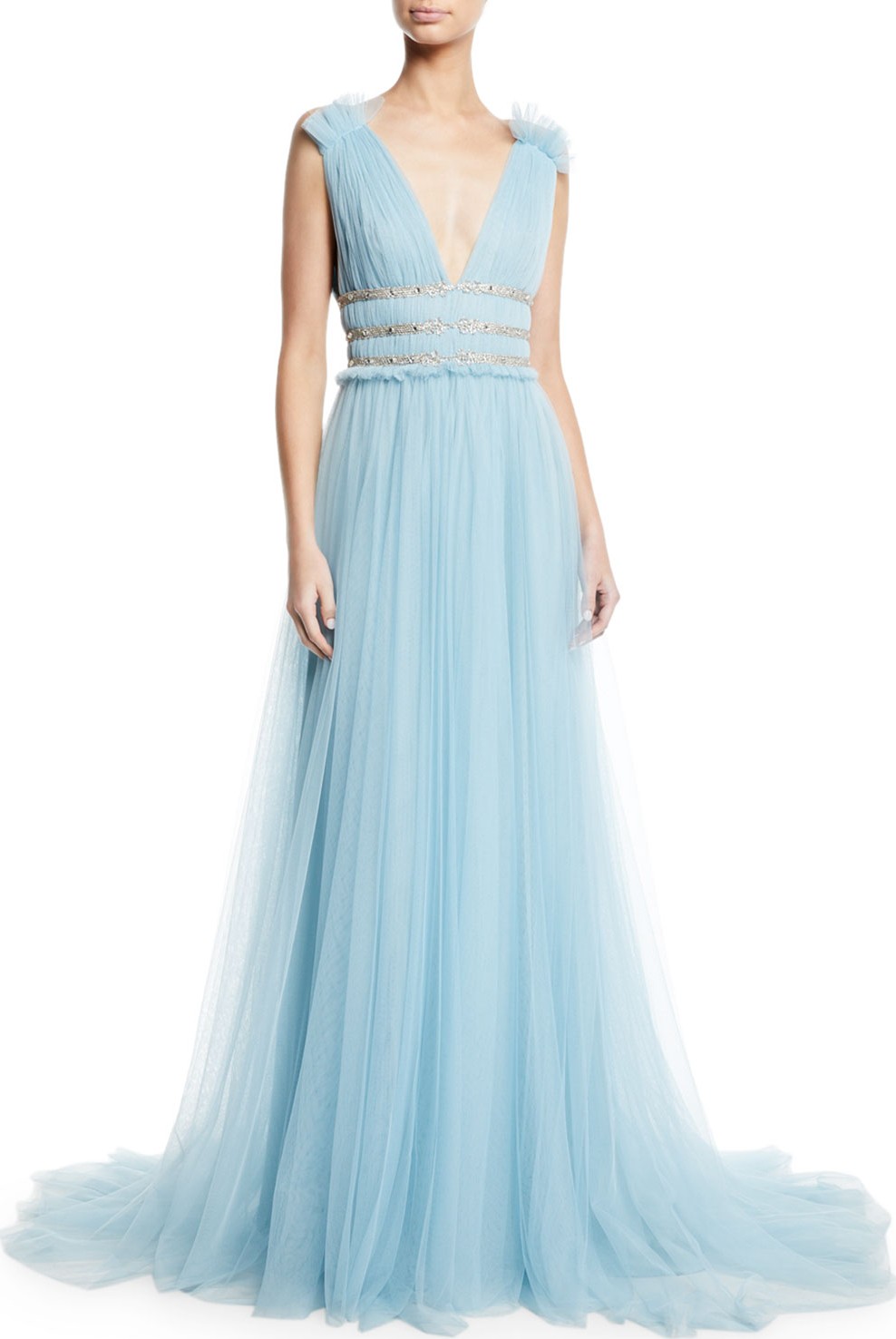 Monique Lhuillier V-Neck Sleeveless Shirred Soft Tulle Evening Gown