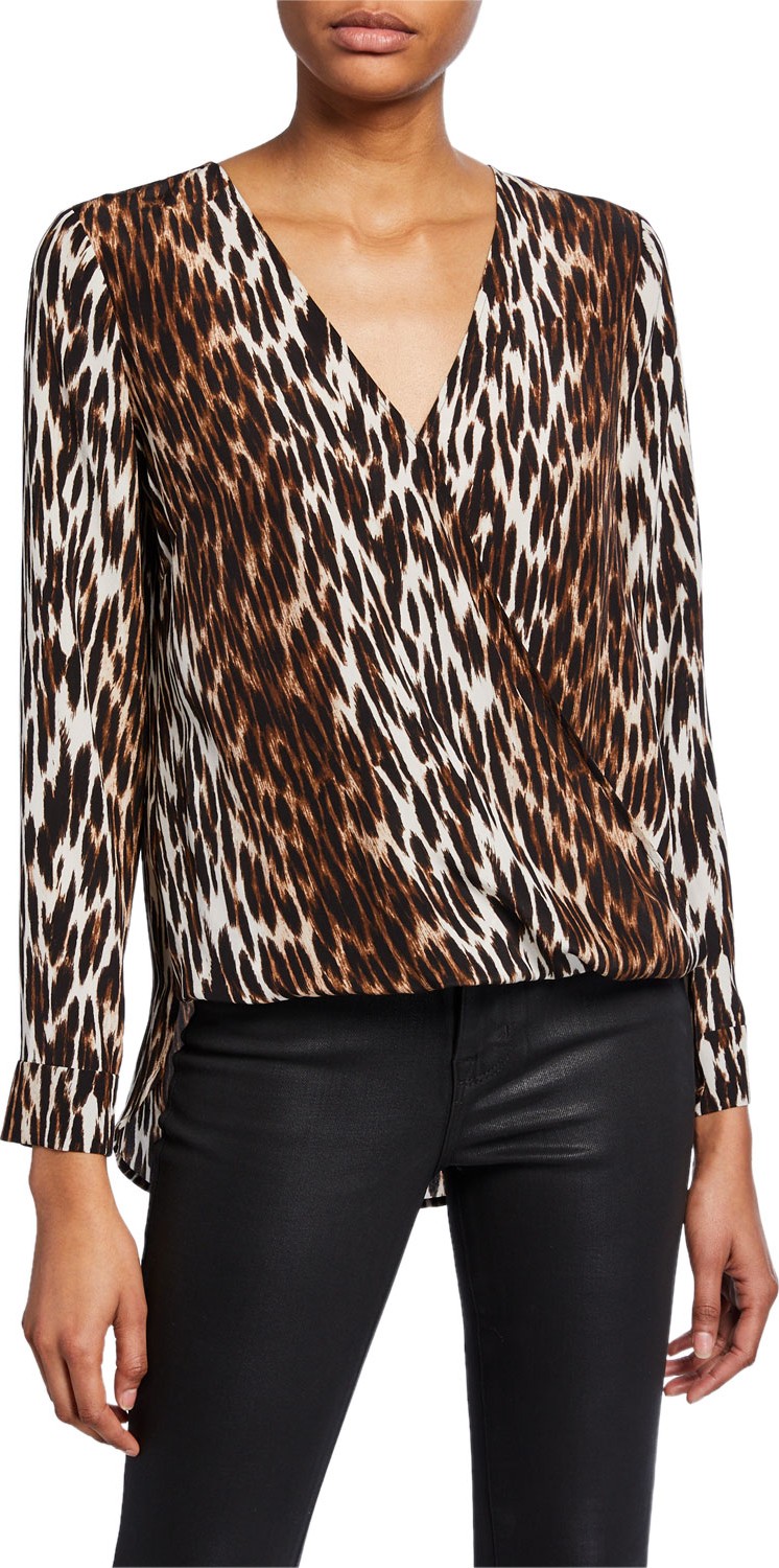 L'AGENCE Kyla Long-Sleeve Draped Animal-Print Blouse
