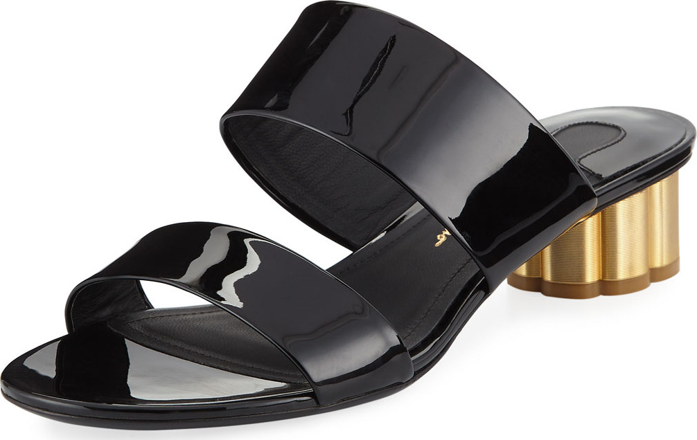 Salvatore Ferragamo Belluno Patent Two-Band Slide Sandals with Flower Heel