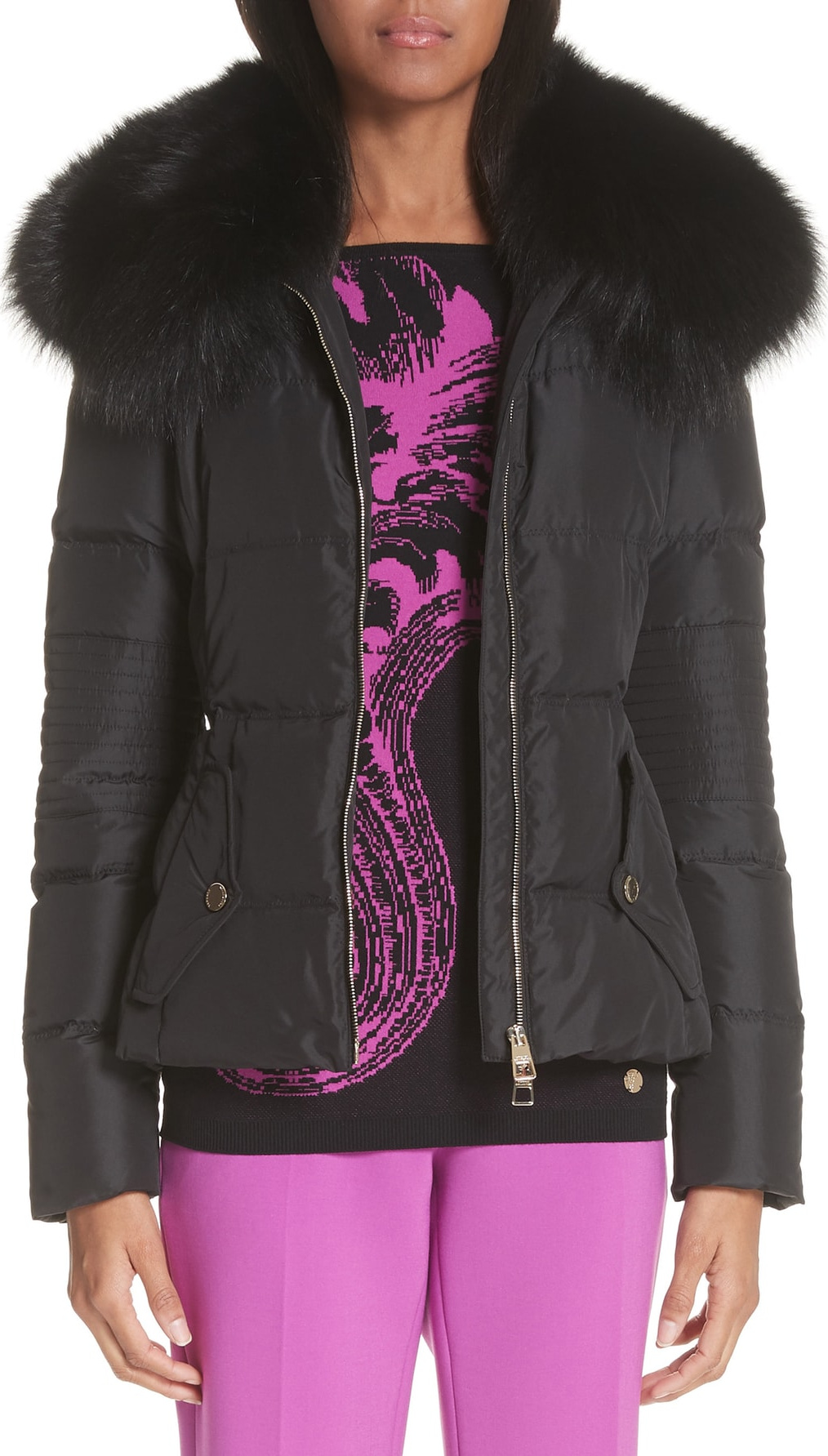 Versace Collection Down Puffer Jacket with Removable Genuine Fox Fur Collar
