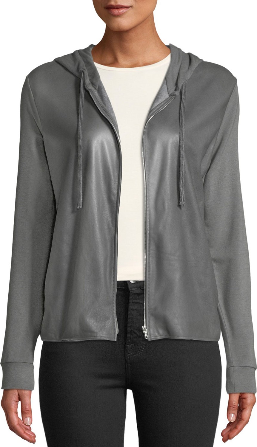 Majestic Leather-Front Zip-Front Hoodie