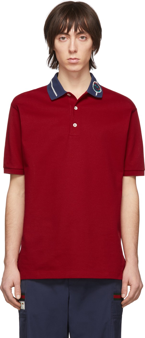 Gucci Red Embroidered Collar Polo