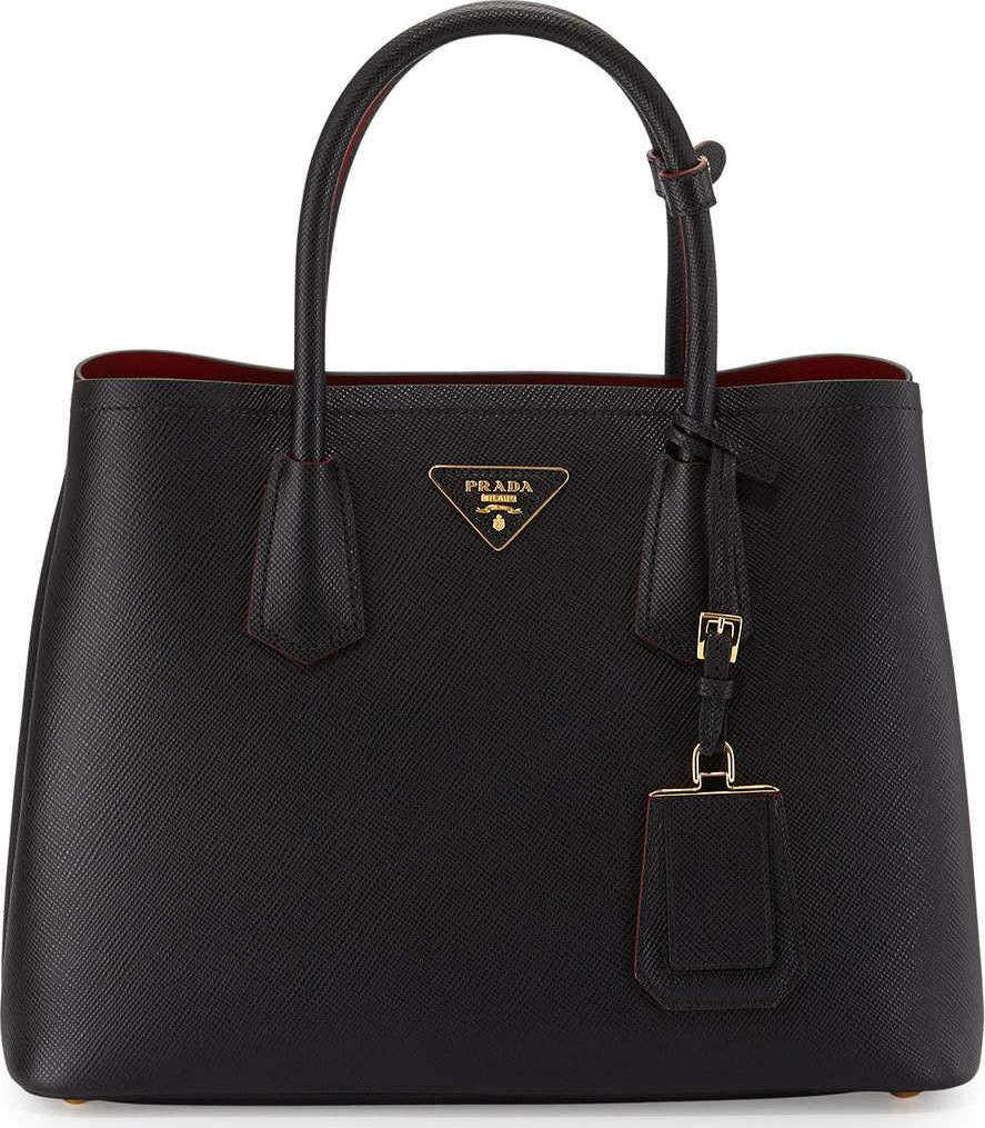Prada Saffiano Cuir Double Medium Tote Bag, Black/Red (Nero+Fuoco)