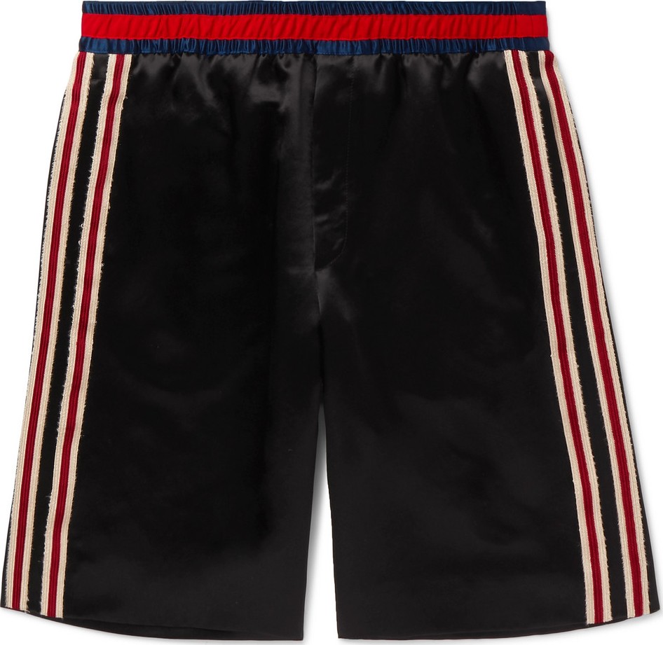 Gucci Wide-Leg Webbing-Trimmed Embroidered Satin Shorts