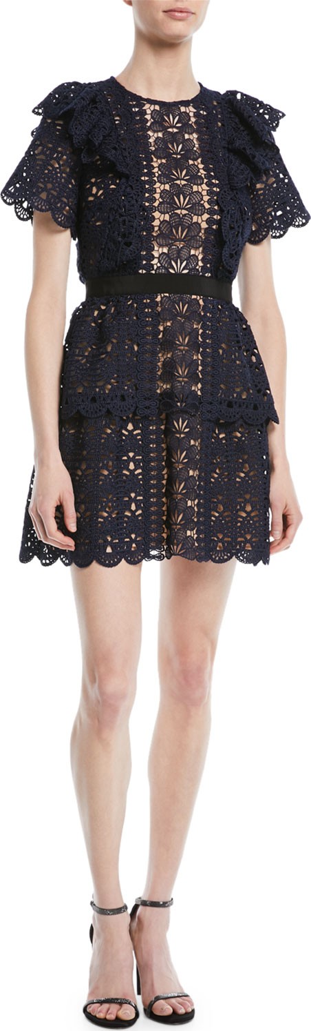 Self Portrait Ruffle Floral Lace Guipure Mini Cocktail Dress