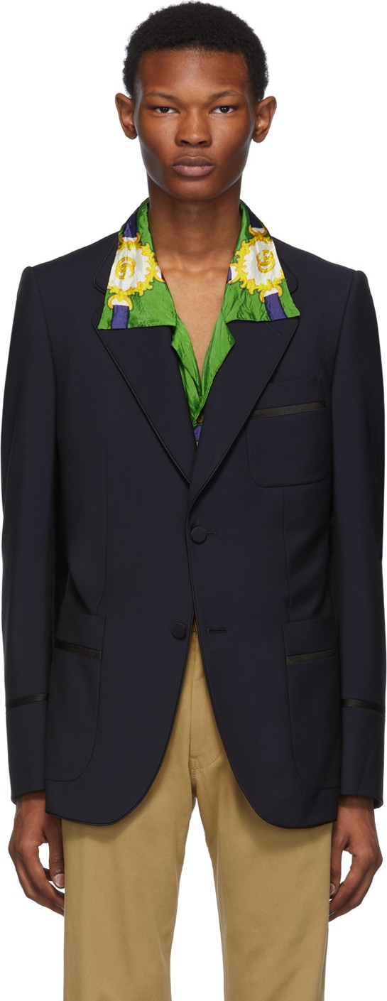 Gucci Blue & Black Satin Piping Blazer