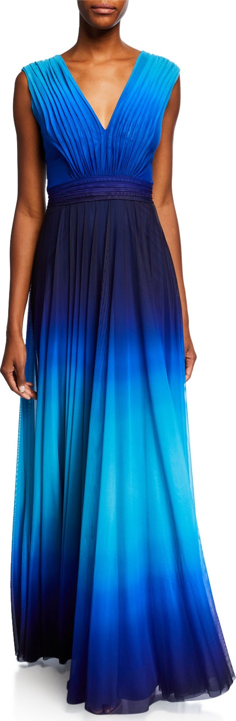 Tadashi Shoji Ombre V-Neck Sleeveless Pleated Mesh Gown