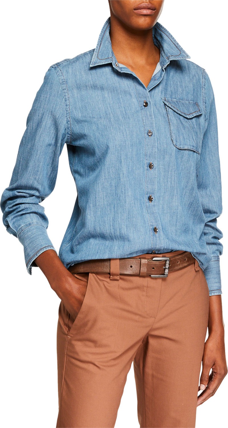 Brunello Cucinelli Safari-Pocket Denim Button-Front Blouse