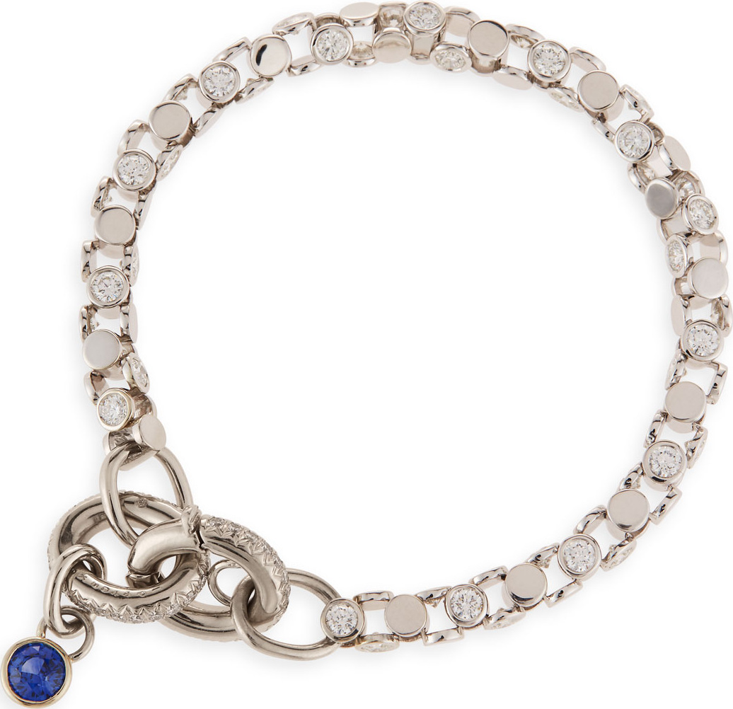Oscar Heyman 18K White Gold Partial Diamond Watch Bracelet with Blue Sapphire Toggle
