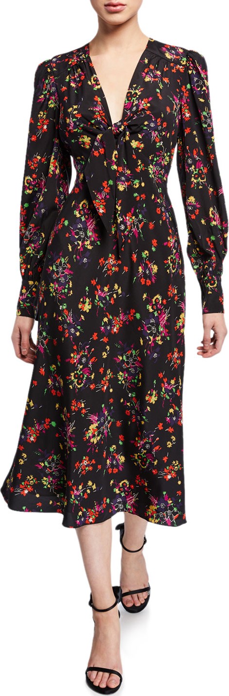 Veronica Beard Amber Long-Sleeve Floral Tie-Front Midi Dress