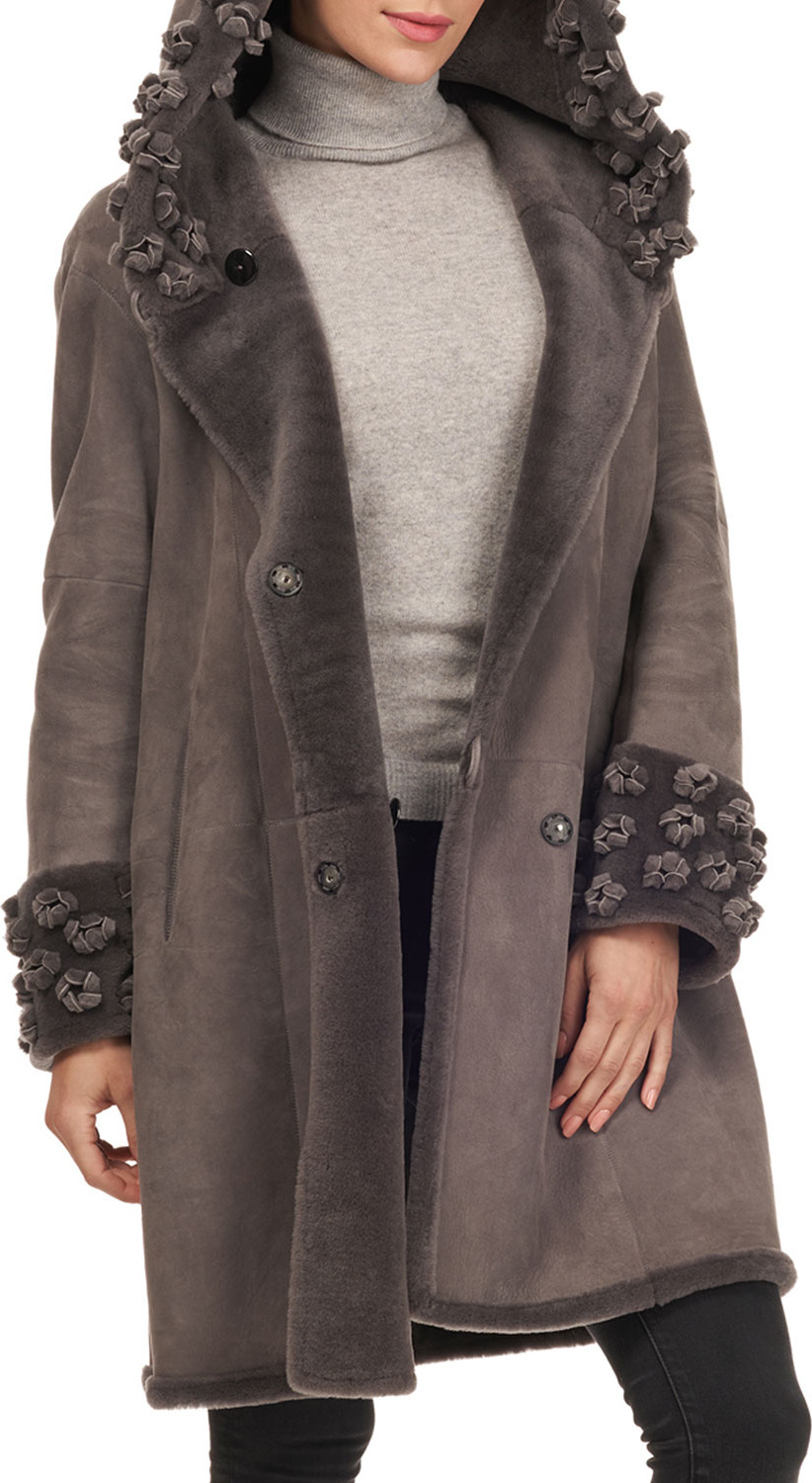 Christia Lamb Shearling Fur Stroller Coat w/ Floral Details