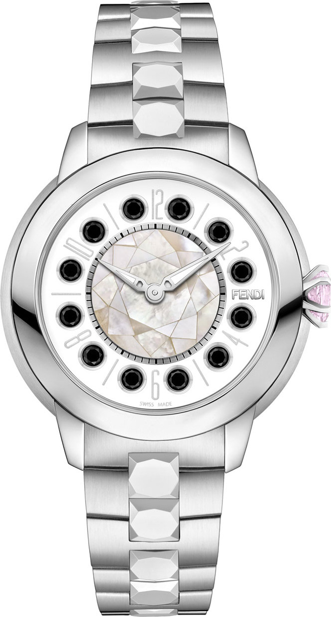 Fendi 33mm IShine Stainless Steel Bracelet Watch w/Pink Topaz & Black Spinel