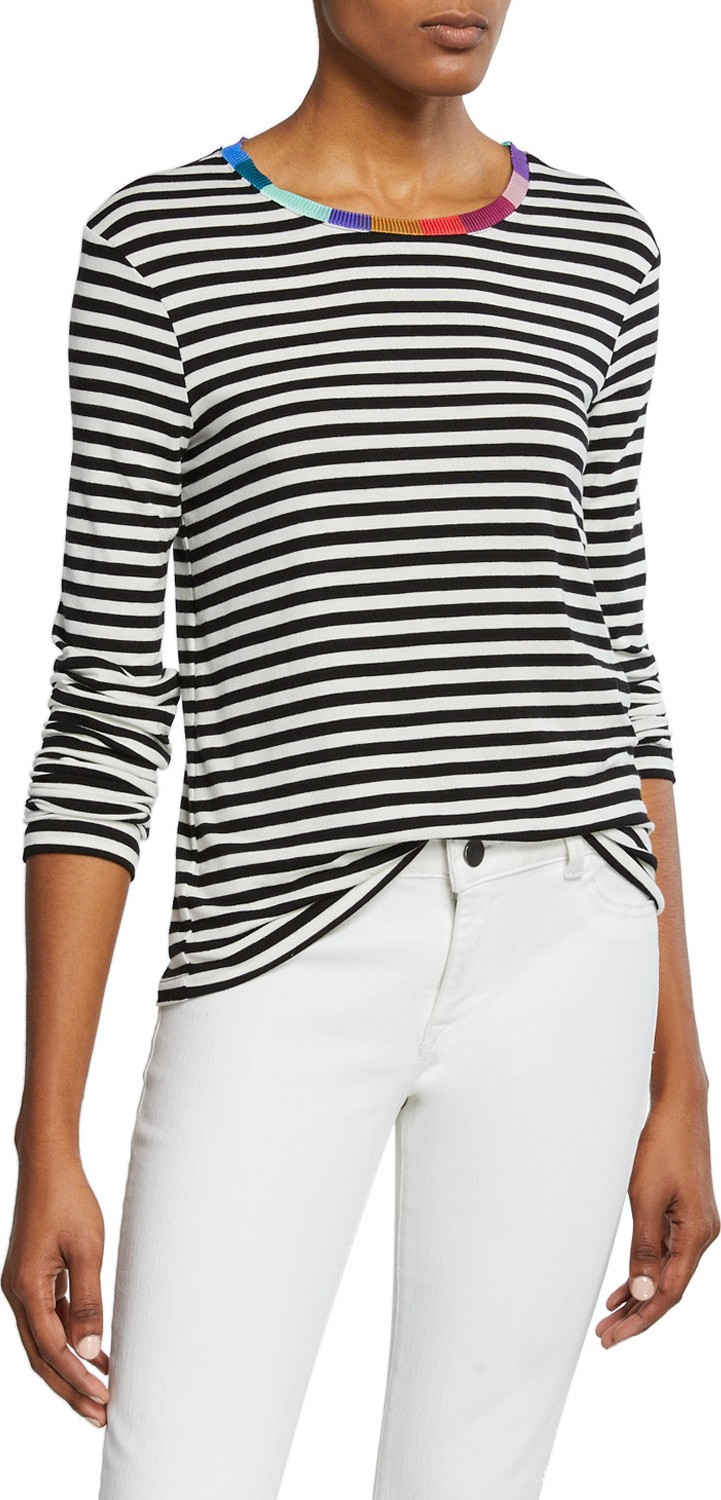 Splendid Striped Long-Sleeve Tee with Colorful Neckline