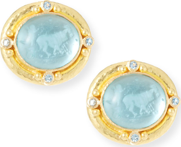 Elizabeth Locke 19k Gold Goat, Lion & Putto Intaglio Stud Earrings