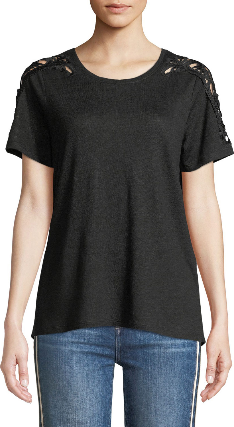 PAIGE Cassandra Crochet Short-Sleeve Linen Tee