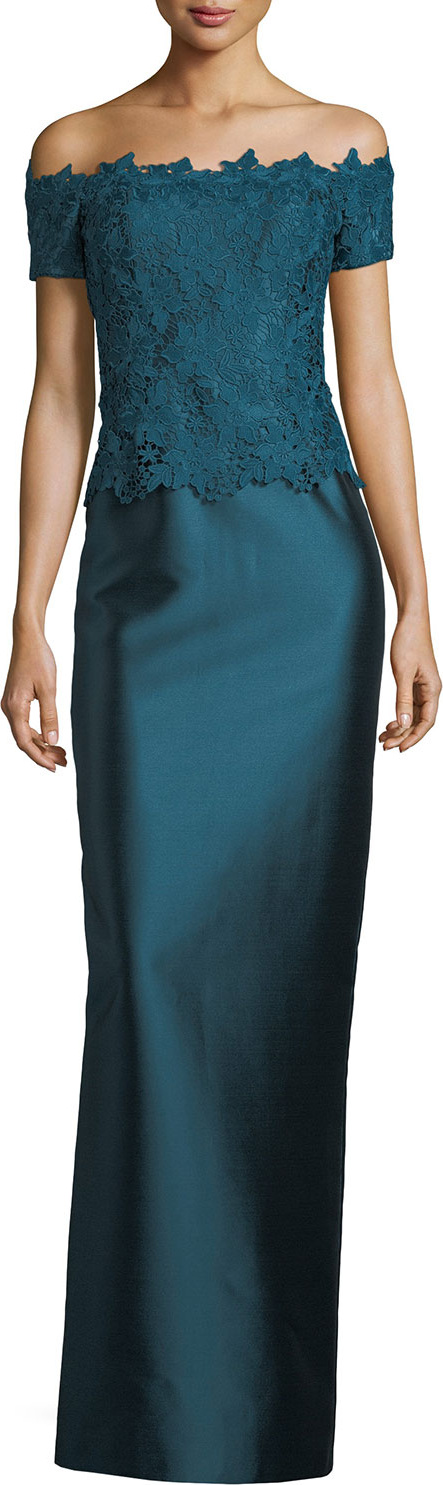 Rickie Freeman for Teri Jon Gazar Lace Off-the-Shoulder Column Gown