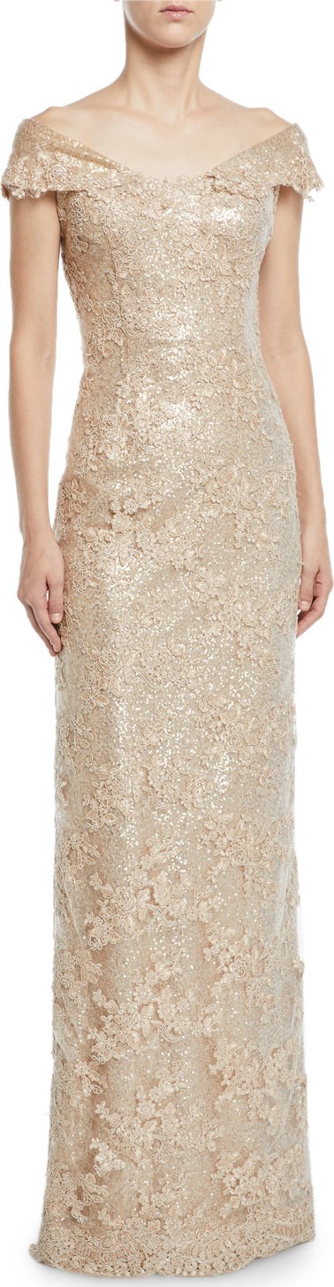 Rickie Freeman for Teri Jon Off-the-Shoulder Embroidered Lace Gown