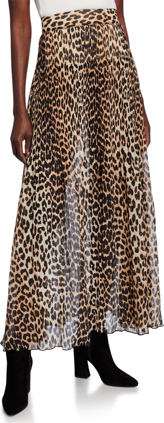 Ganni Leopard-Print Pleated Georgette Skirt